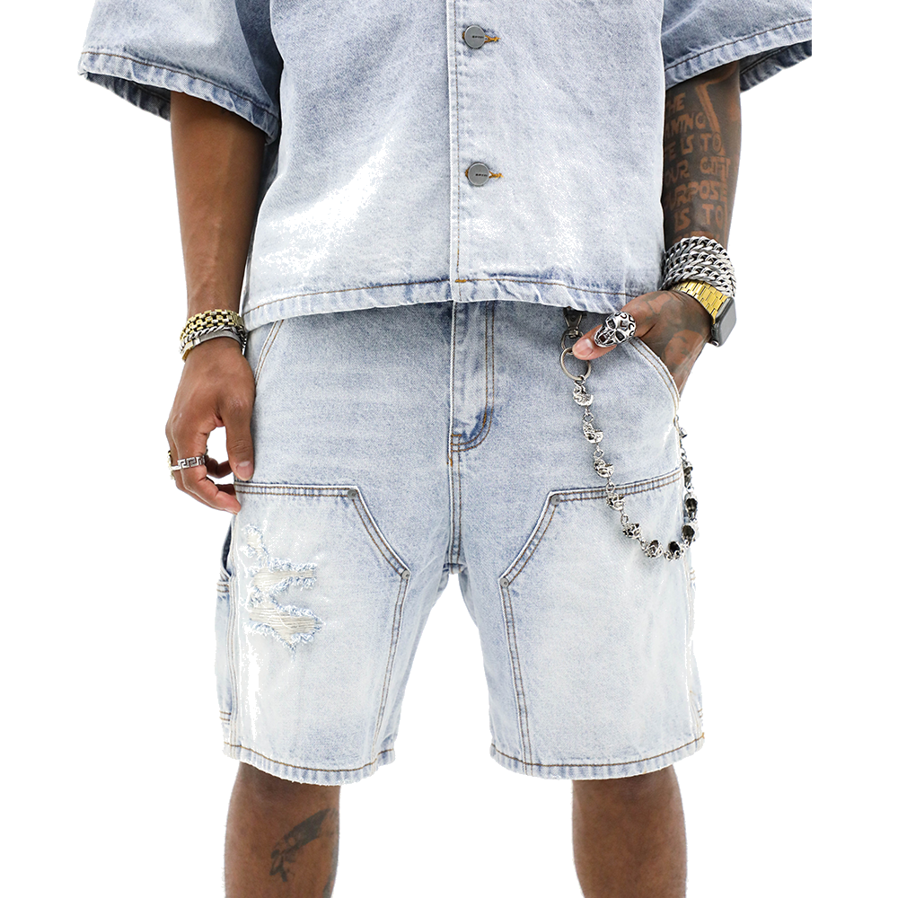 DOUBLE KNEE DENIM SHORTS - LIGHT INDIGO