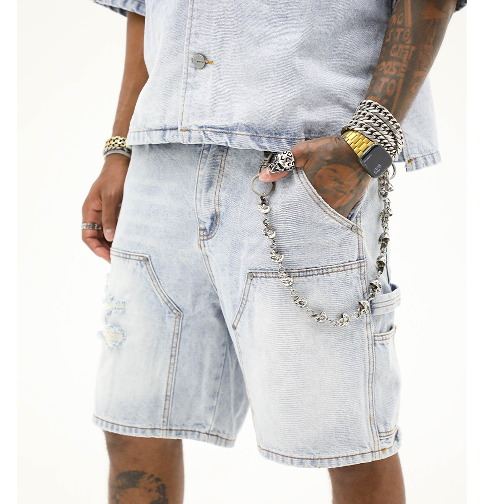 DOUBLE KNEE DENIM SHORTS - LIGHT INDIGO